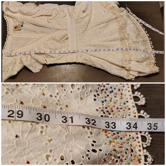 FARM Rio Boho Ivory Eyelet Lace Patch Beaded Tiered Mini Dress Size Medium - Picture 7 of 15